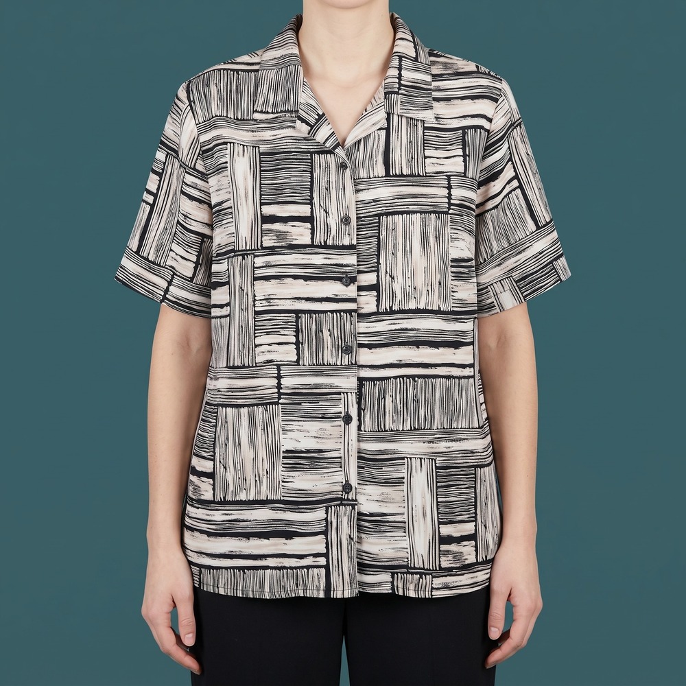 Allison Daley Button Down Women 16 Abstract Geometric Black Beige EUC